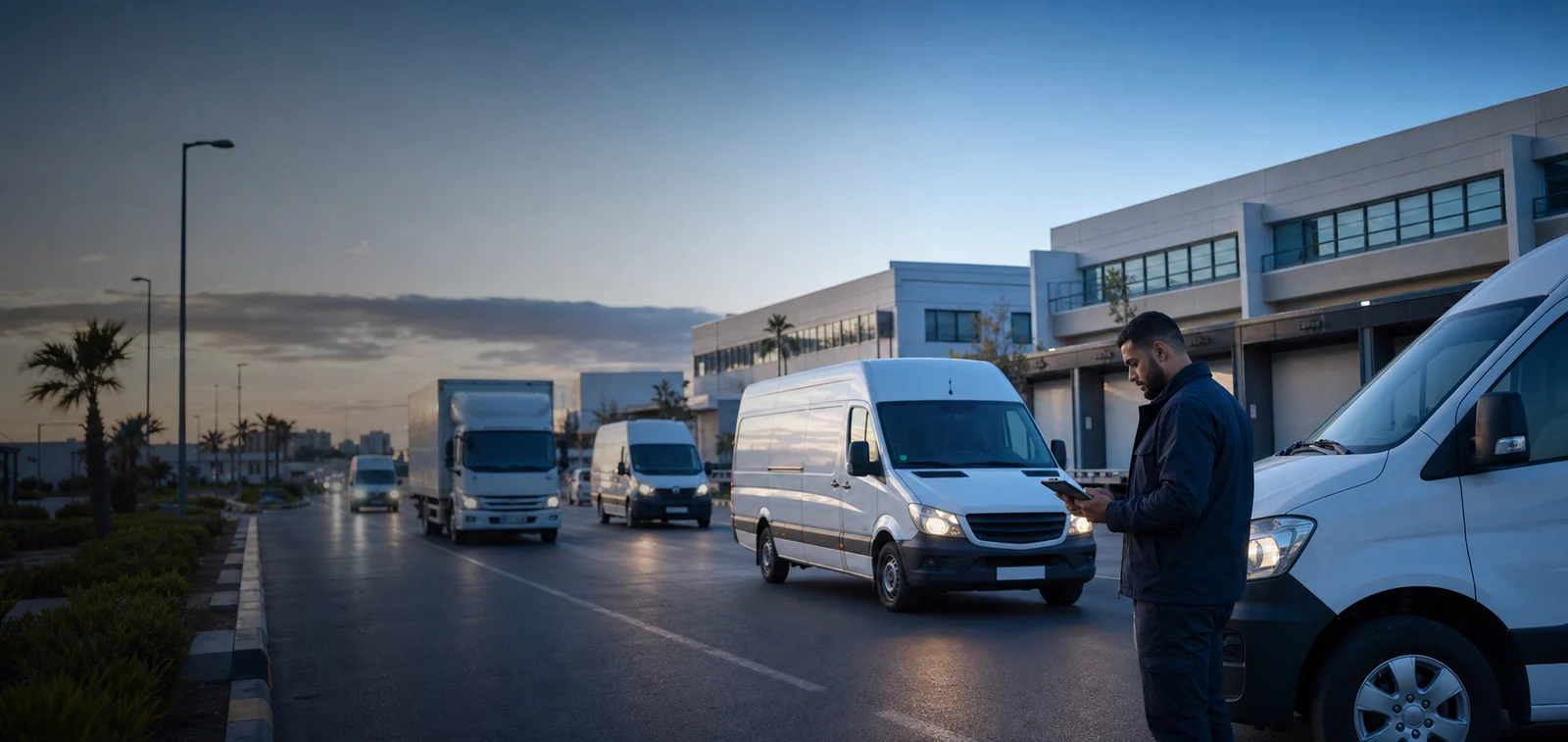 Fleet manager using Flit on a tablet beside commercial vehicles